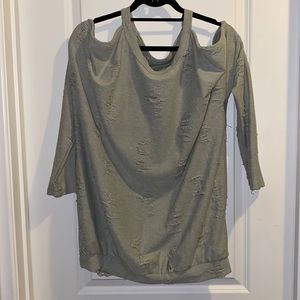 Vereret. Large. Distressed Cold Shoulder Banded Olive Top. Gently Worn.